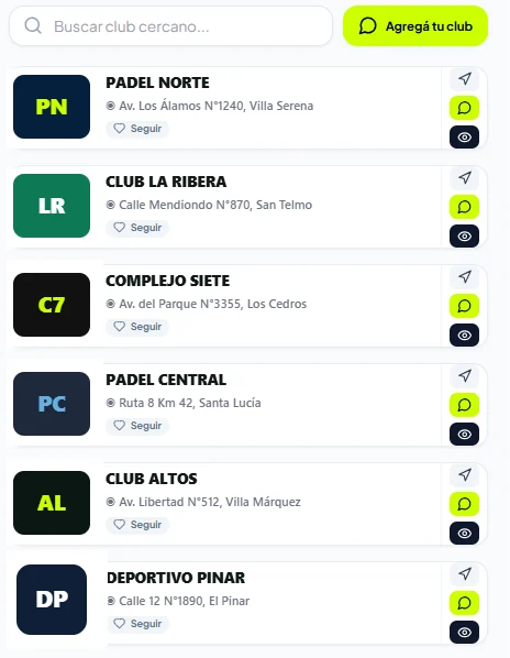 Listado de clubes en la app padAR