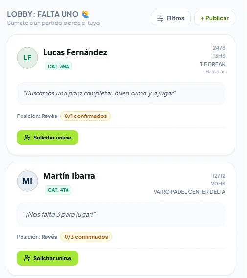 Lobby de Falta Uno en la app padAR