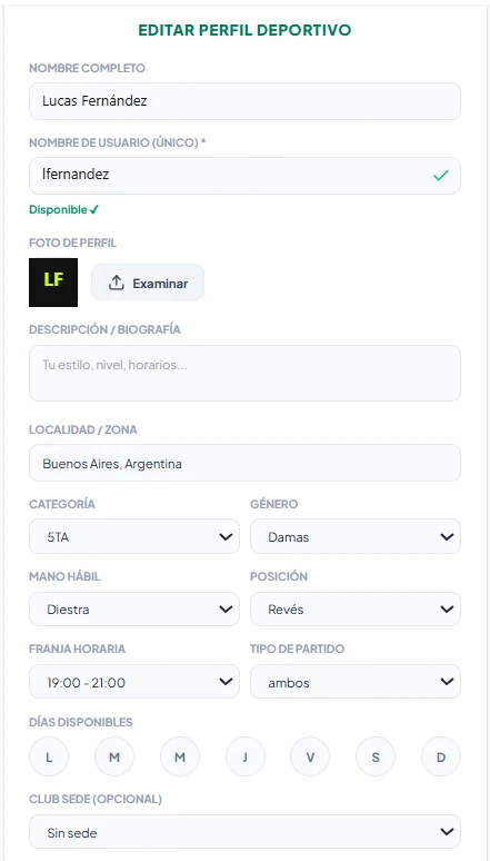 Edición del perfil deportivo en padAR
