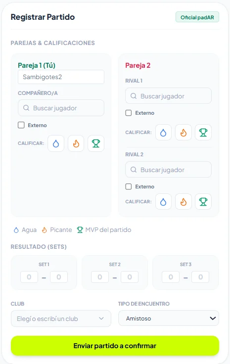 Formulario de registro de partido en padAR