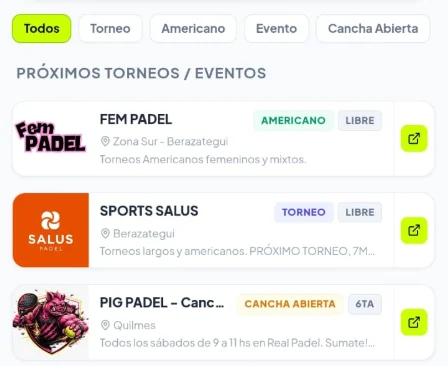Calendario de torneos en la app padAR